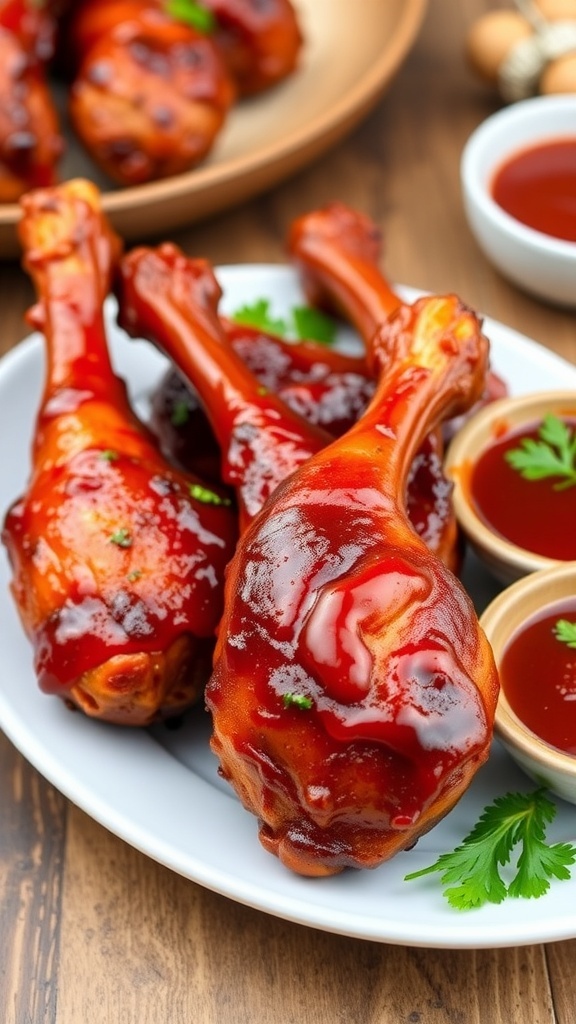 BBQ chicken drumsticks on a plate, garnished with parsley, served with barbecue sauce.